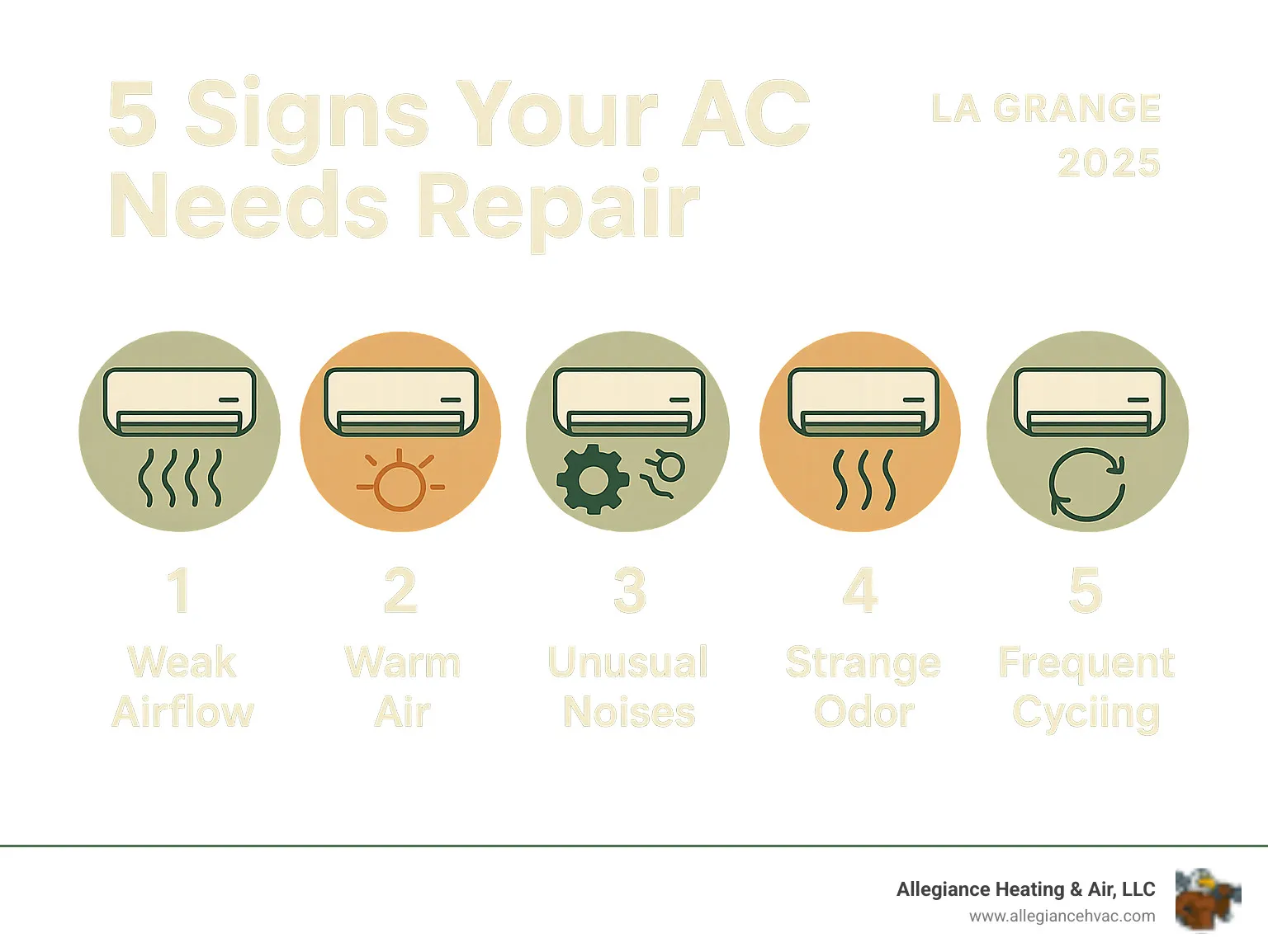 Infographic showing the 5 most common signs your AC needs repair: weak airflow from vents, warm air instead of cool air, unusual noises like grinding or squealing, strange odors from the system, and frequent on-off cycling - ac repair la grange infographic
