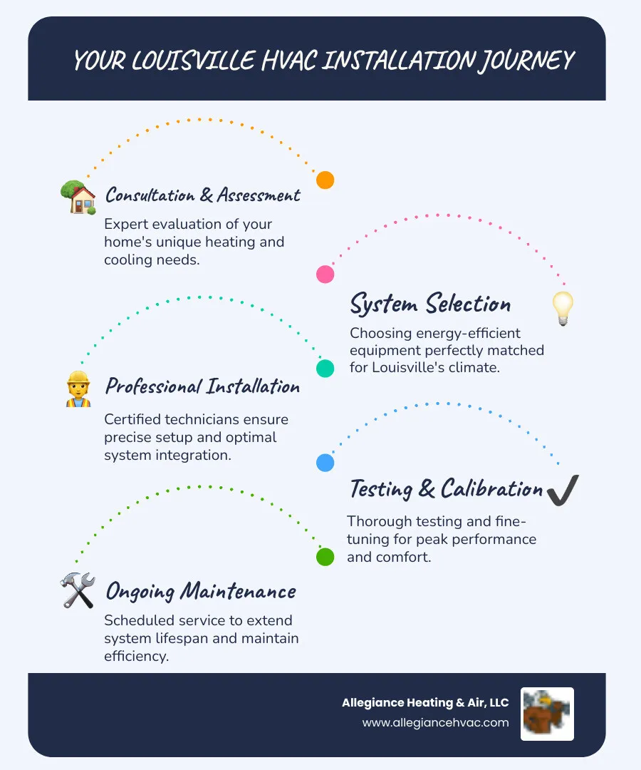 infographic showing HVAC system components including outdoor condenser unit, indoor air handler, thermostat, and ductwork distribution throughout a Louisville home - louisville hvac installation infographic infographic-line-5-steps-blues-accent_colors