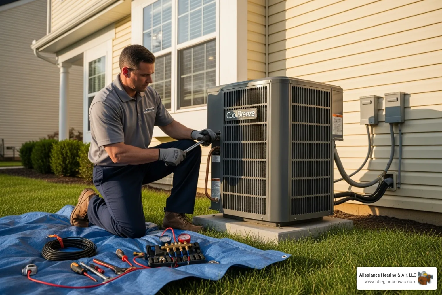 certified technician installing outdoor AC unit - louisville hvac installation