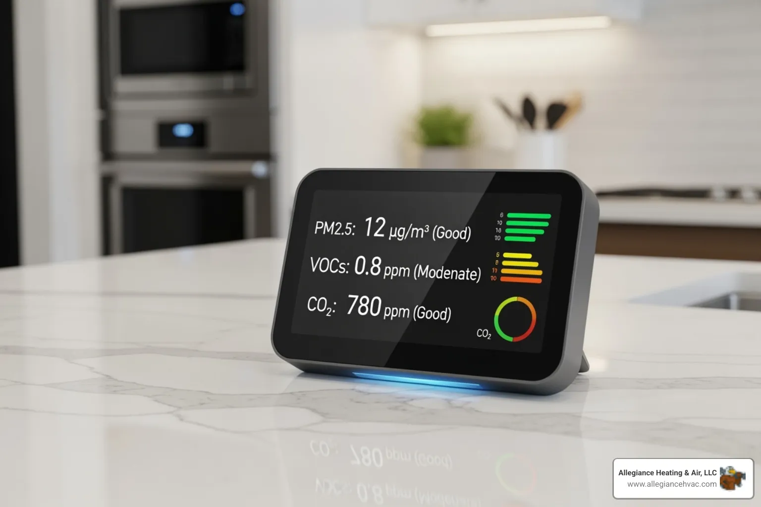 A smart indoor air quality monitor on a countertop displaying real-time readings of various pollutants - Indoor air quality solutions