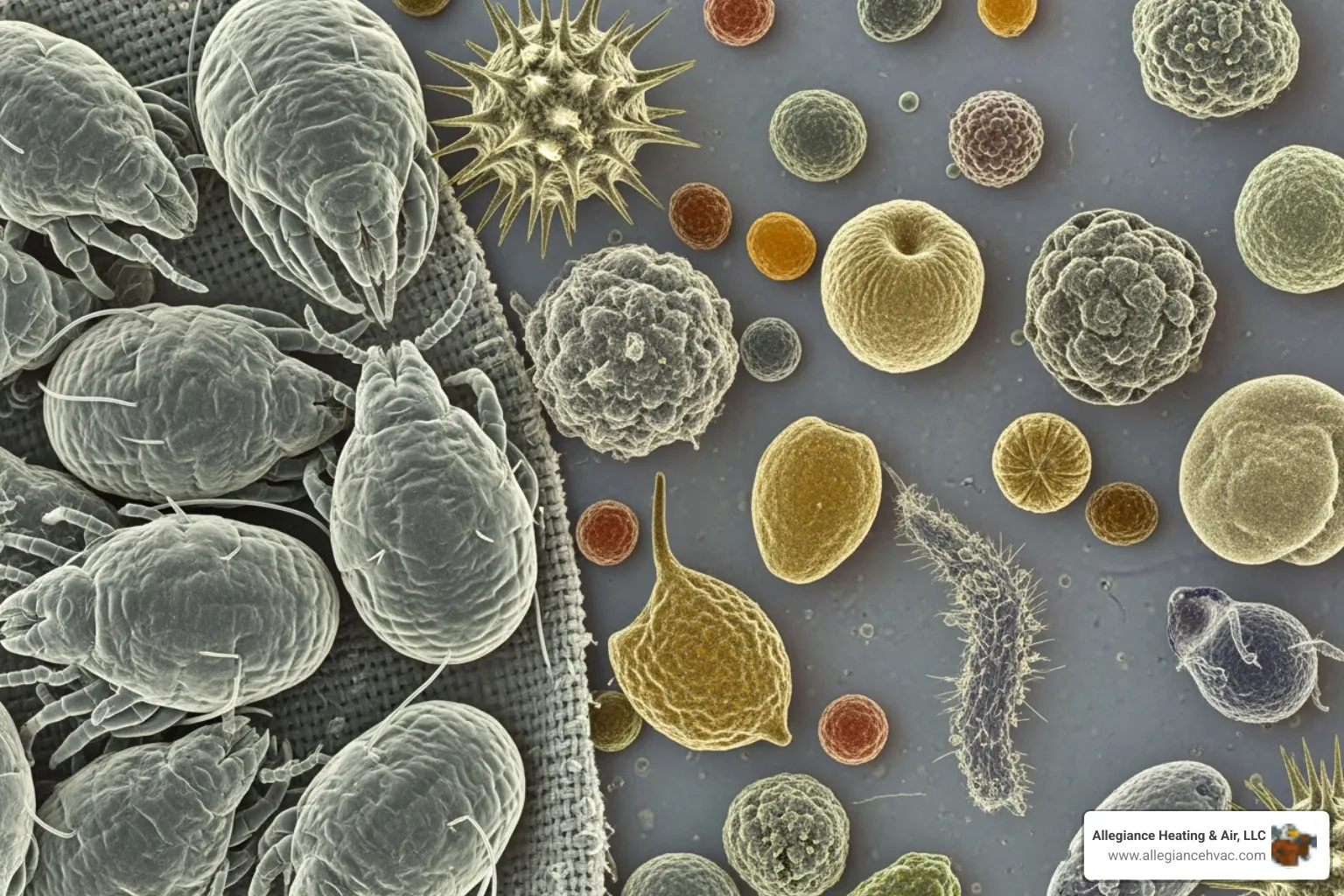 Microscopic views of common indoor air pollutants including dust mites, pollen, and mold spores - Indoor air quality solutions