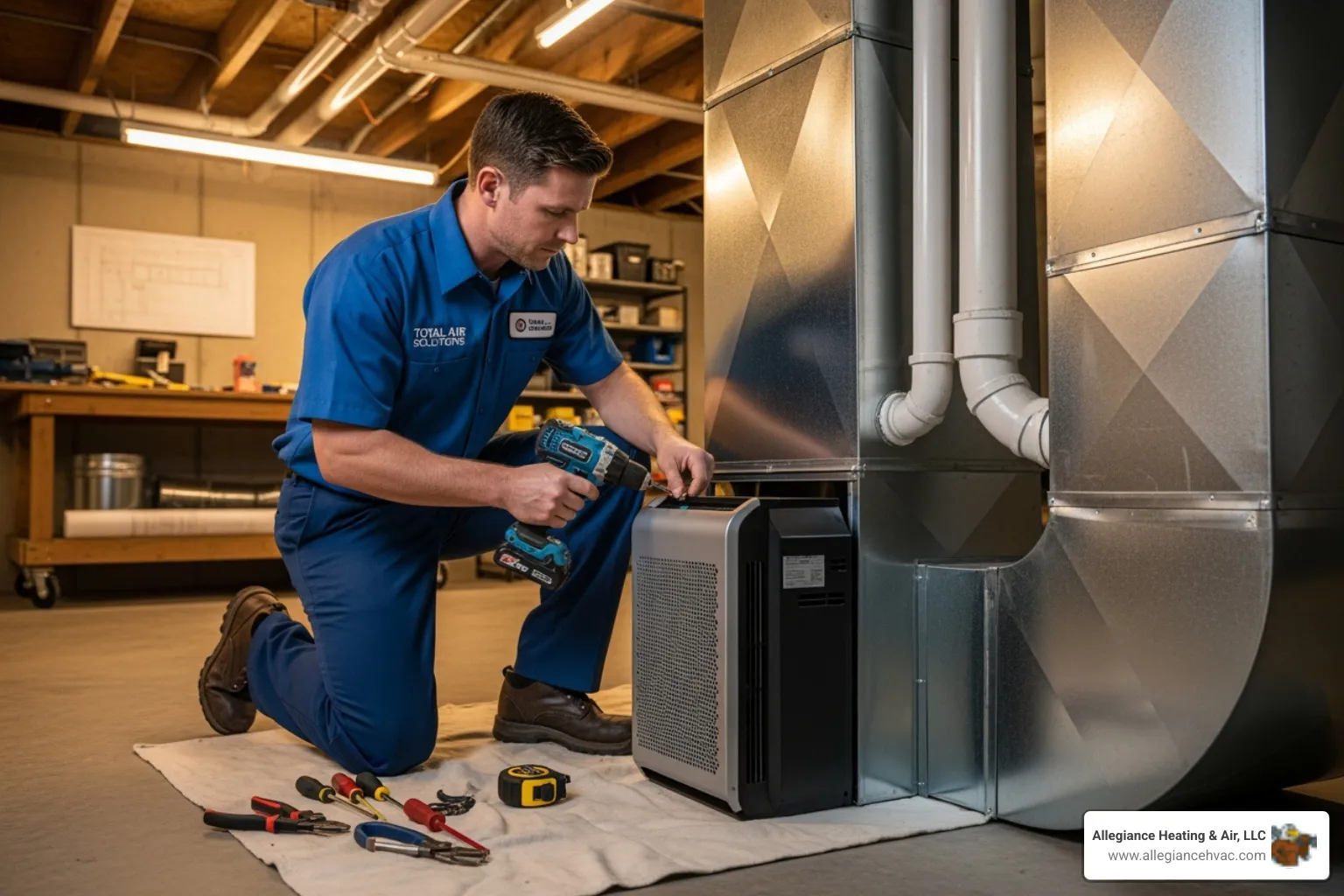 A highly vetted Allegiance Heating & Air technician installing a whole-home air purifier into an HVAC system in a residential basement - Indoor air quality solutions