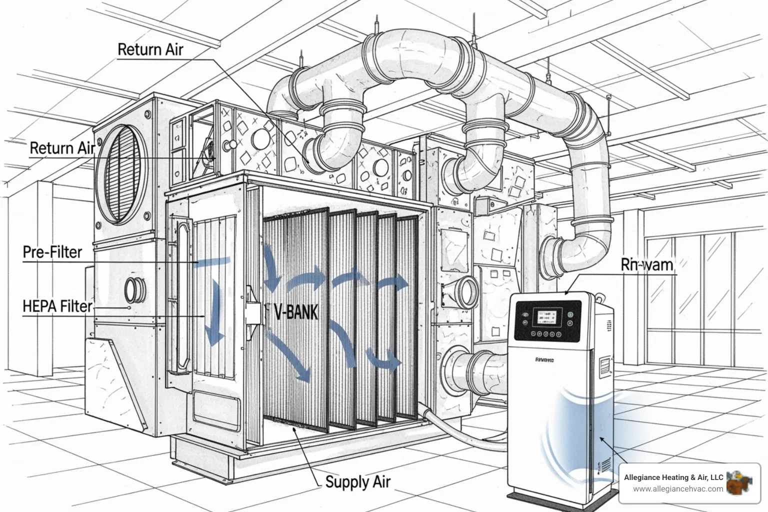 Diagram of an HVAC system with an integrated filter vs. a standalone commercial air purifier - Commercial air filtration