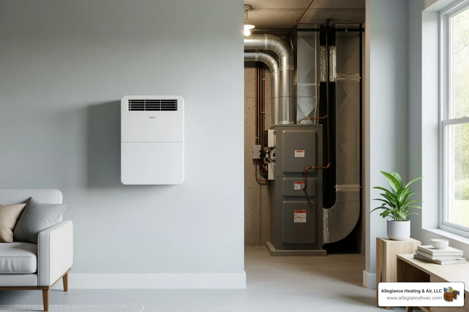 a ductless mini-split unit on a wall and a central air handler - Energy efficient AC installation