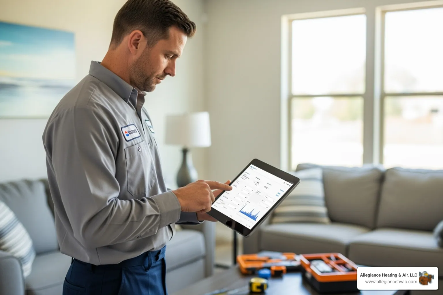 a technician performing a Manual J calculation on a tablet - Energy efficient AC installation