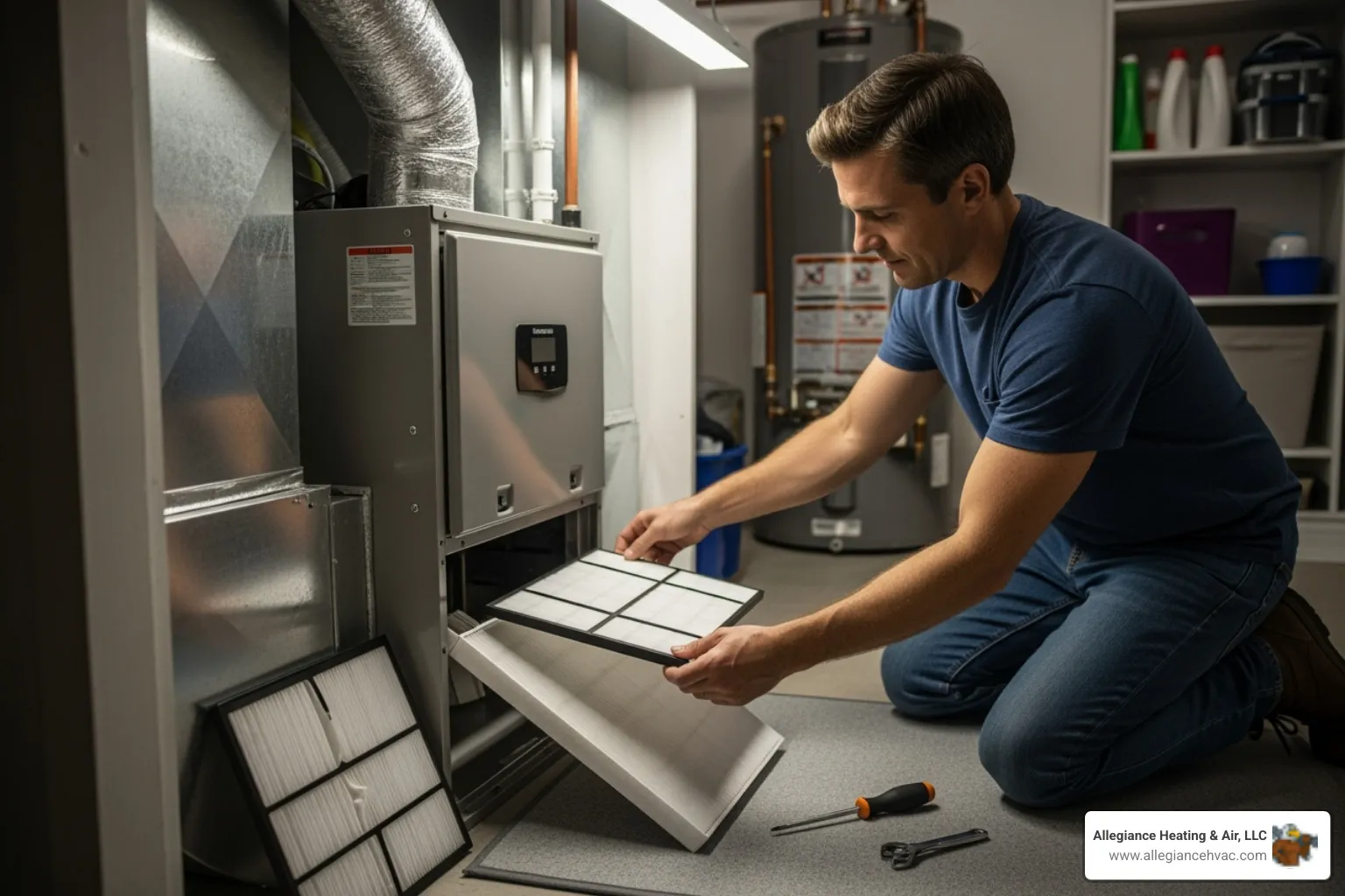 a homeowner changing an air filter - Energy efficient AC installation