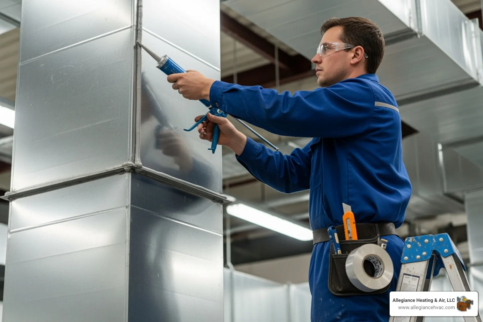 Technician sealing ductwork with mastic - Air handling unit installation
