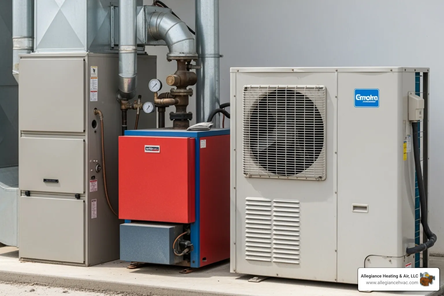side-by-side images of a furnace, a boiler, and a heat pump outdoor unit - heating system replacement