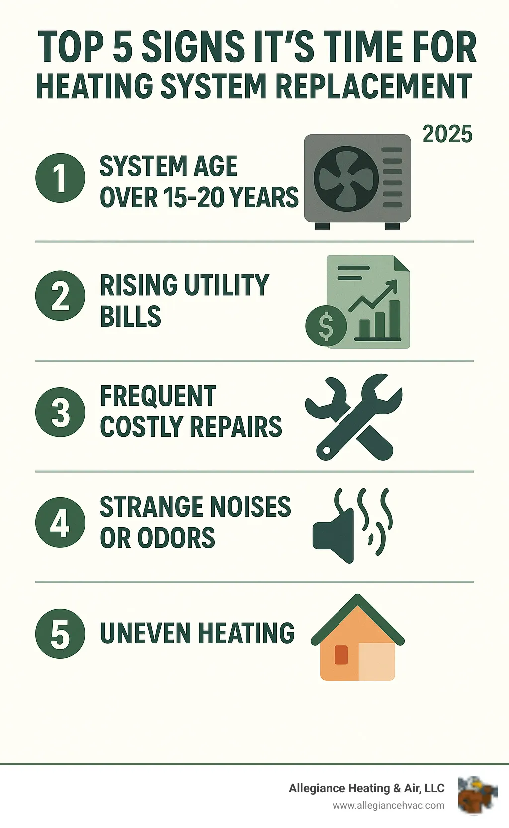 Infographic showing the top 5 signs it's time for heating system replacement: system age over 15-20 years, rising utility bills, frequent costly repairs, strange noises or odors, and uneven heating throughout the home - heating system replacement infographic