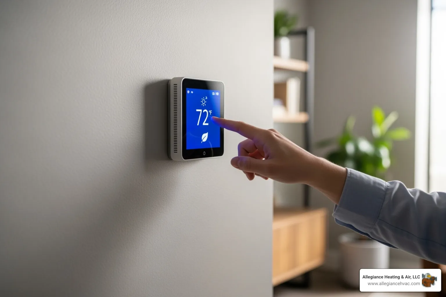 homeowner adjusting a smart thermostat on their wall - heating system replacement
