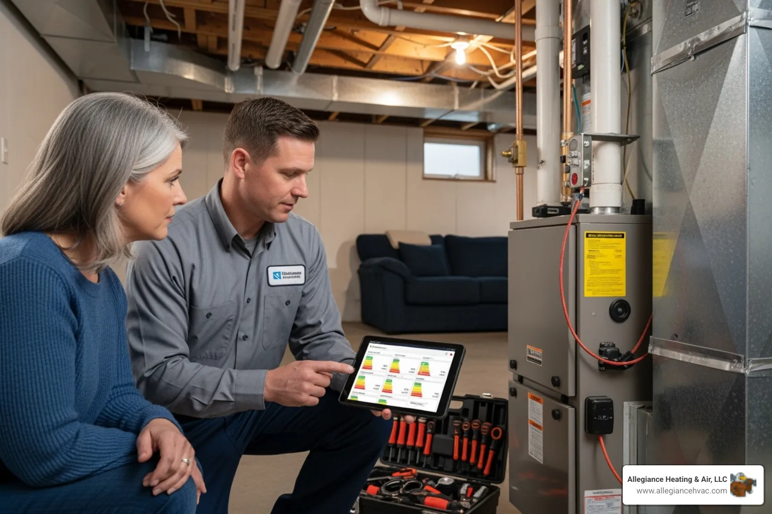 HVAC technician showing a homeowner a tablet with system options - heating system replacement