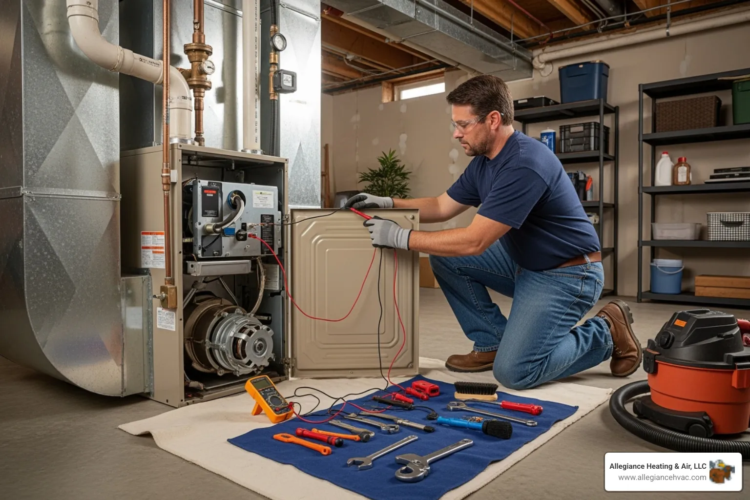 technician performing annual furnace maintenance - furnace installation Indiana