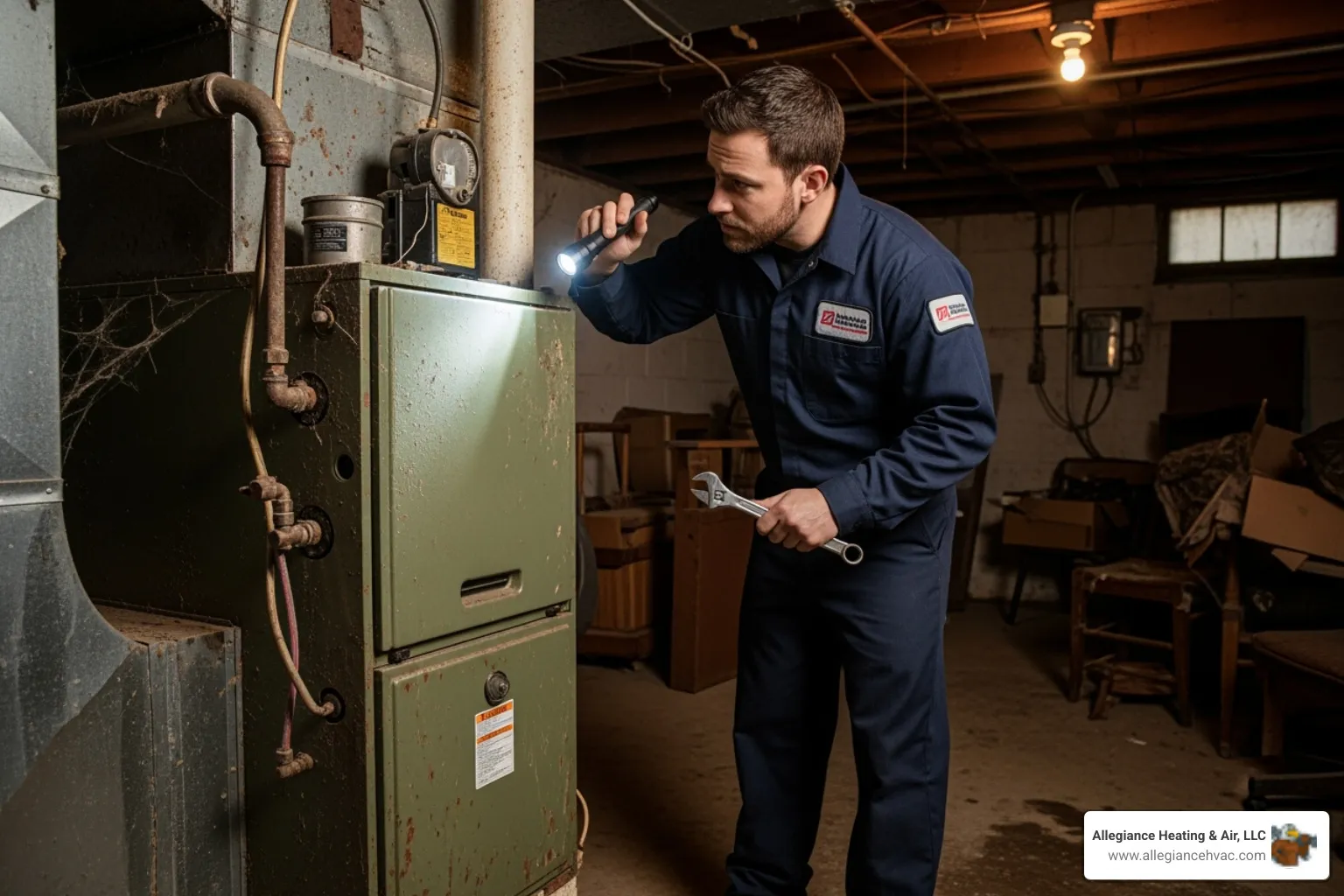 technician inspecting old furnace - furnace installation Indiana