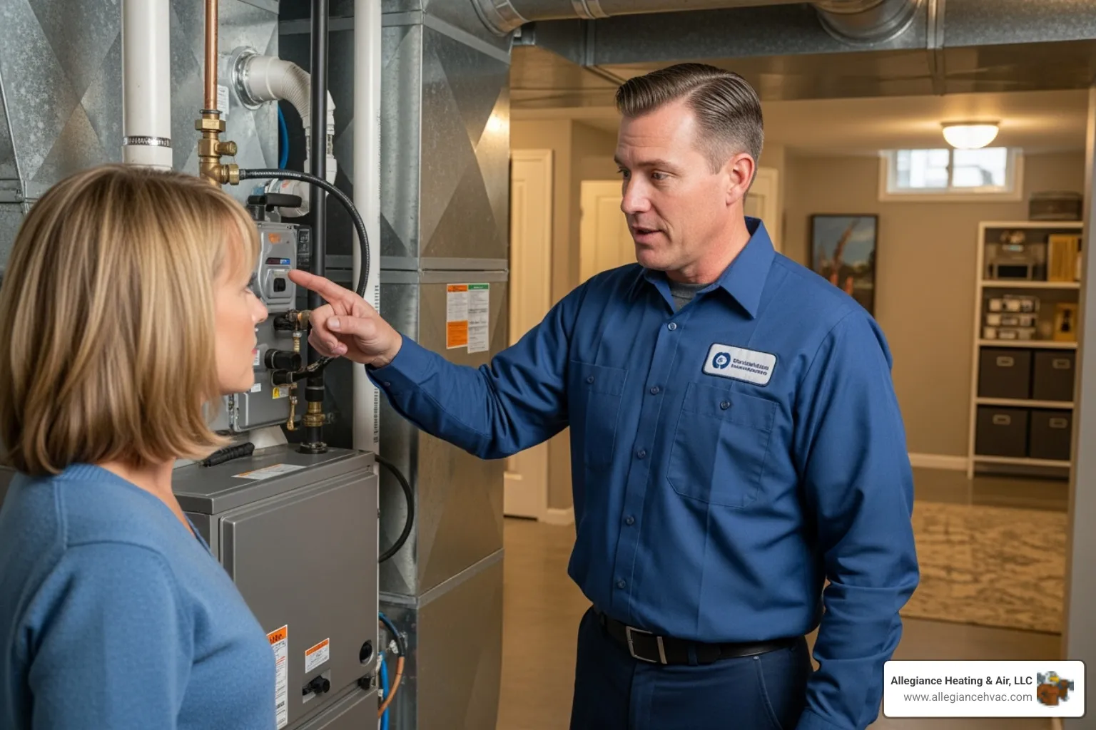 HVAC technician explaining a system to a homeowner - licensed HVAC professional