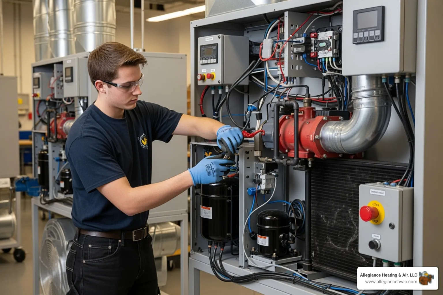 HVAC student working on a training unit - licensed HVAC professional