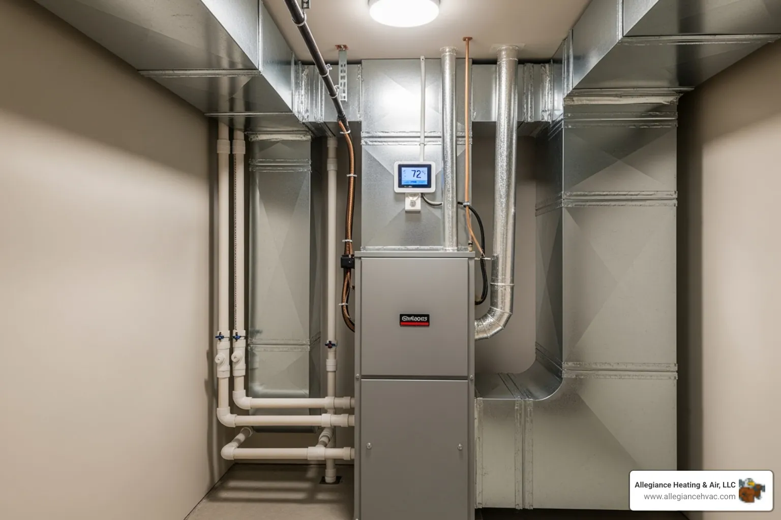 cleanly installed, modern HVAC unit in a basement or utility closet - hvac installation company louisville