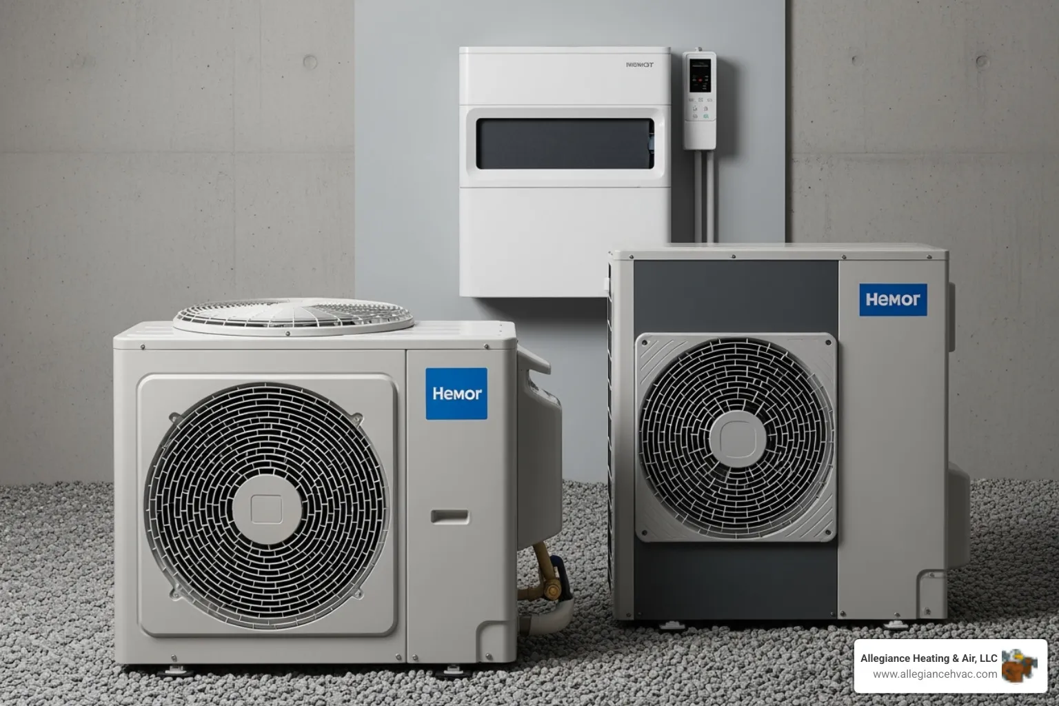 different HVAC units including a central AC, a heat pump, and a ductless mini-split - hvac installation company louisville
