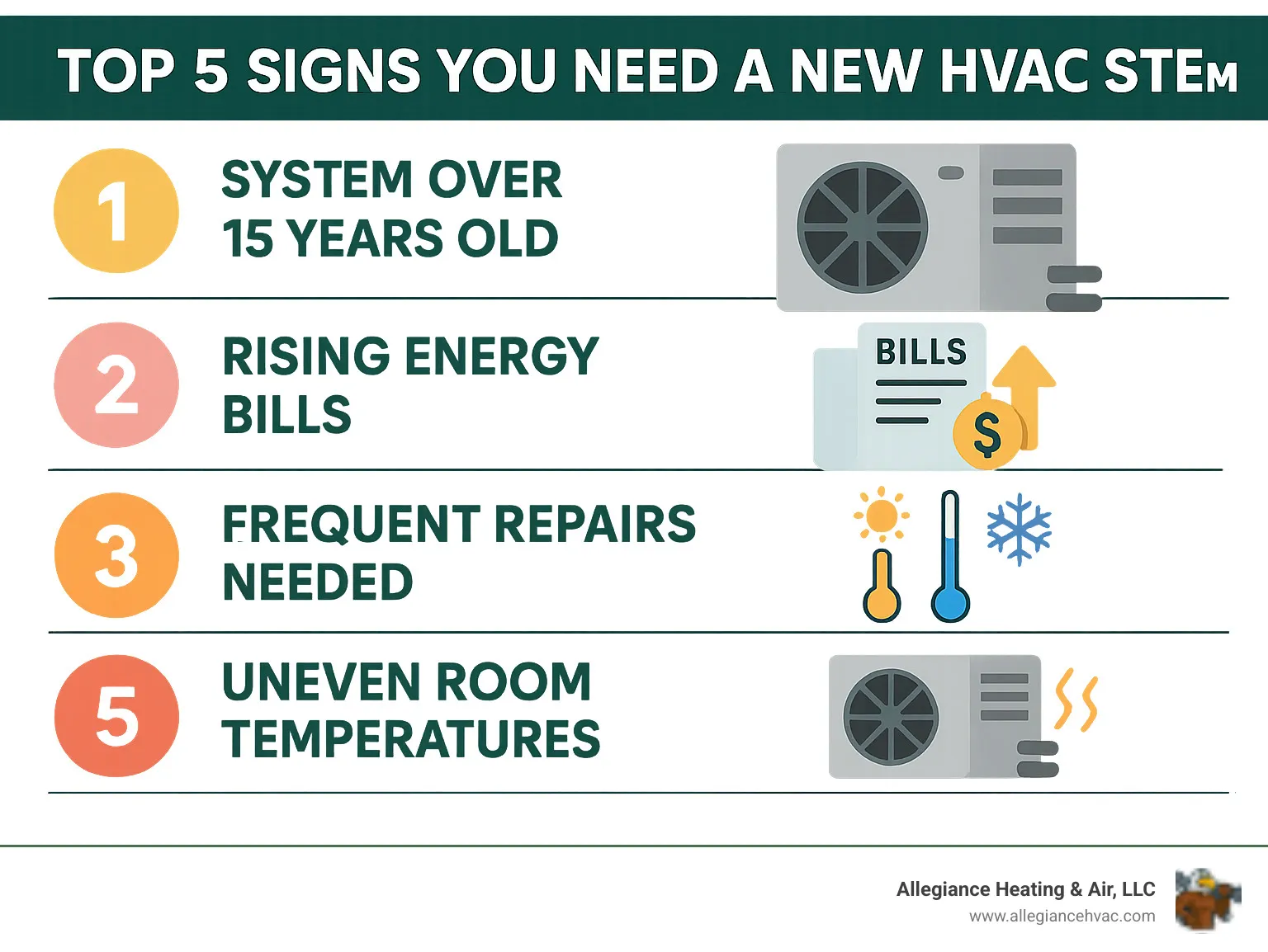 Infographic showing the top 5 signs you need a new HVAC system: system over 15 years old, rising energy bills, frequent repairs needed, uneven room temperatures, and strange noises or odors from the unit - hvac installation company louisville infographic