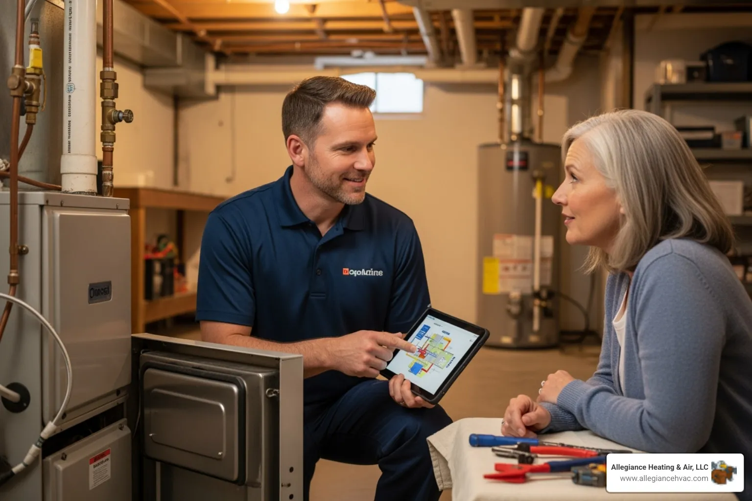 friendly, professional technician discussing options with a homeowner - hvac installation company louisville