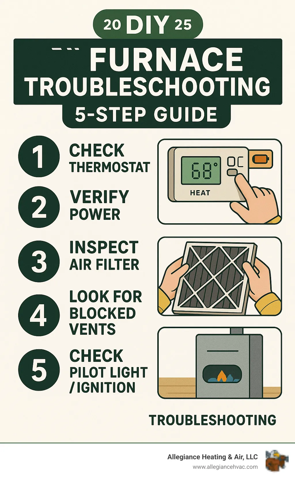 Infographic showing 5-step DIY furnace troubleshooting process: 1. Check thermostat settings and batteries, 2. Verify furnace power switch and circuit breaker, 3. Inspect and replace dirty air filter, 4. Look for blocked vents and registers, 5. Check pilot light or ignition system if accessible - furnace not working infographic