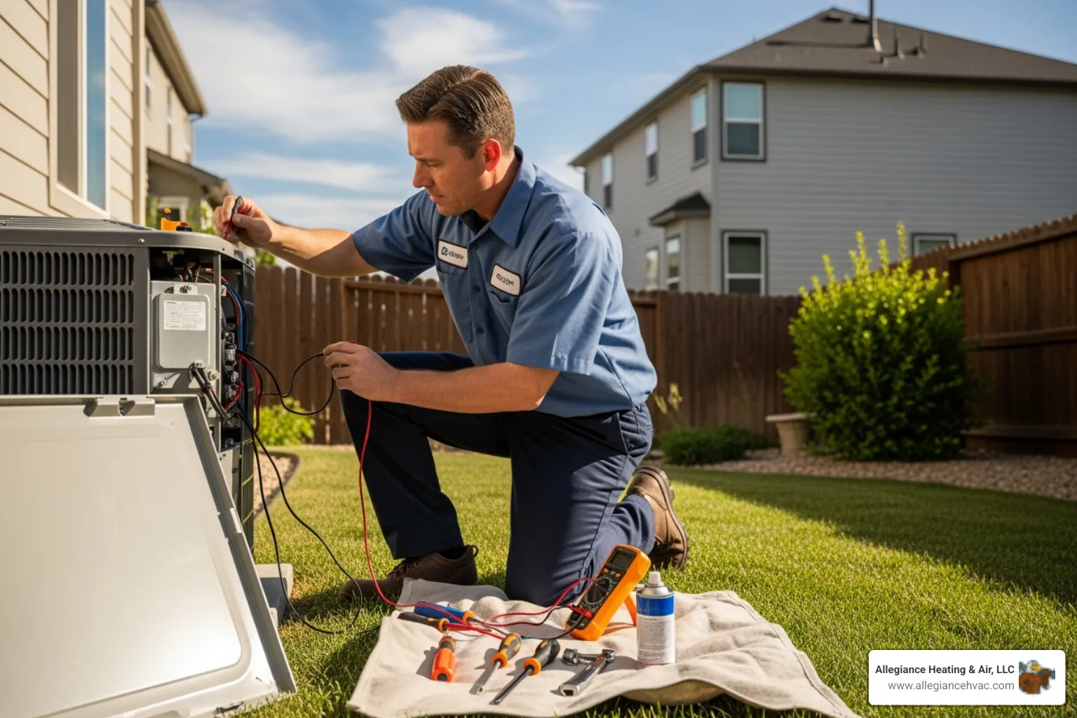Professional technician servicing an outdoor AC unit - ac repair pewee valley