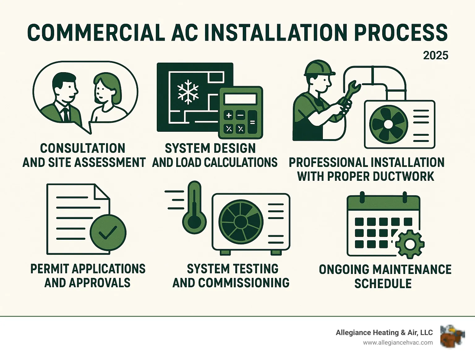 Infographic showing commercial AC installation process: consultation and site assessment, system design and load calculations, permit applications and approvals, professional installation with proper ductwork, system testing and commissioning, ongoing maintenance schedule - commercial ac installation georgetown infographic 