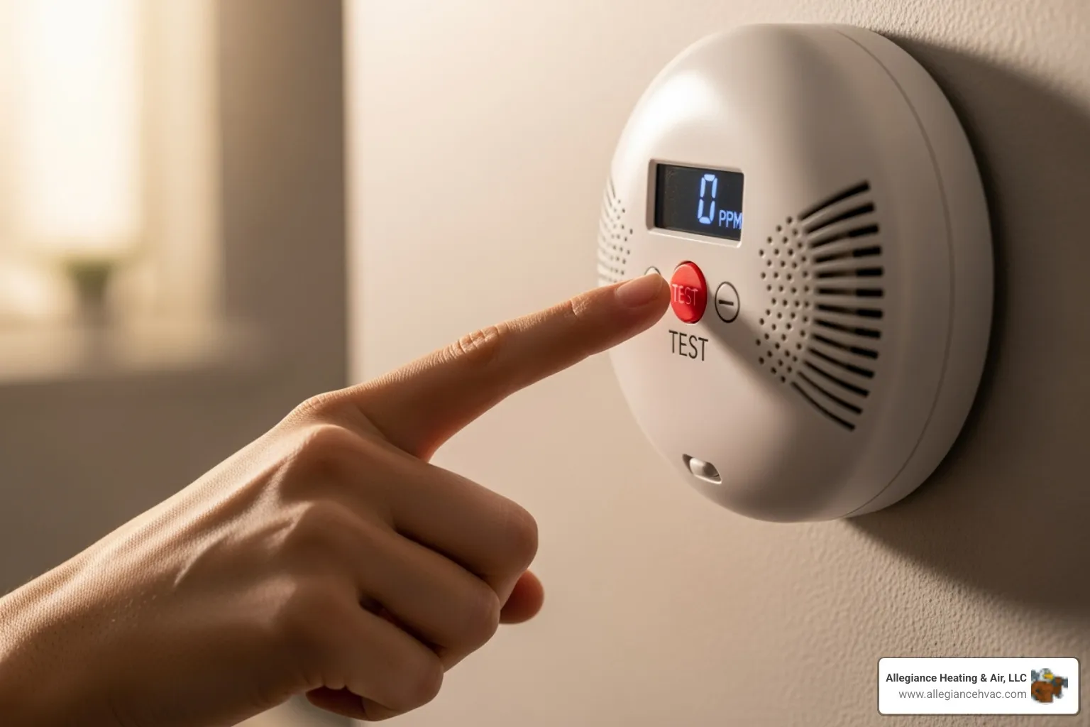 Hand pressing test button on a carbon monoxide detector - Carbon monoxide detector