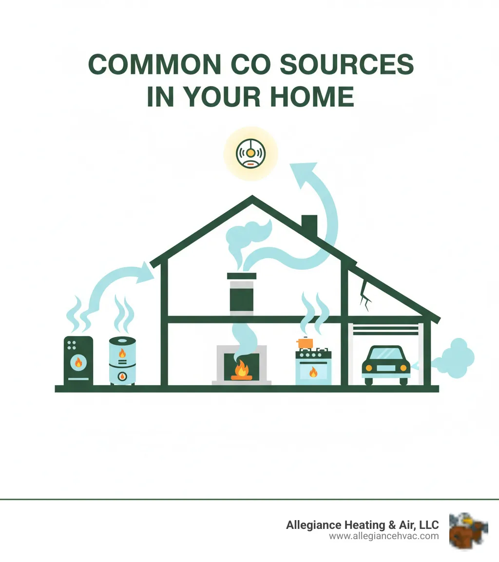 Infographic showing common sources of carbon monoxide in a home including a malfunctioning furnace in the basement, a gas water heater, a blocked fireplace chimney with smoke backing up, a gas stove in the kitchen, and a car running in an attached garage with exhaust fumes entering the house - Carbon monoxide detector infographic