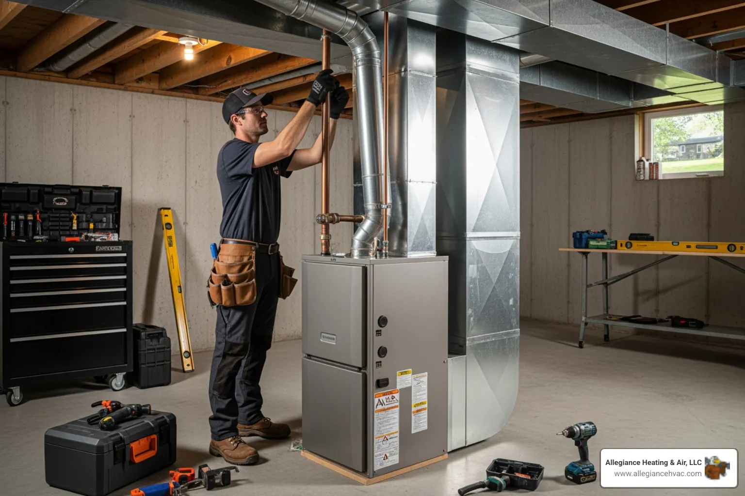 Infographic showing the key benefits of new furnace installation: 95% energy efficiency compared to 78% for older models, improved indoor air quality with advanced filtration, consistent whole-home comfort with variable-speed technology, reduced monthly utility costs, enhanced safety features including carbon monoxide protection, and 15-20 year expected lifespan with proper maintenance - furnace installation in greenville, in