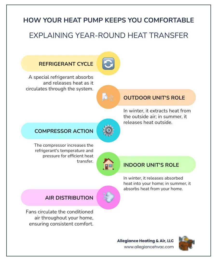 infographic showing heat pump operation in both heating and cooling modes with arrows indicating heat transfer direction, refrigerant cycle through indoor and outdoor coils, and seasonal operation differences - heat pump installation in louisville, ky infographic infographic-line-5-steps-colors