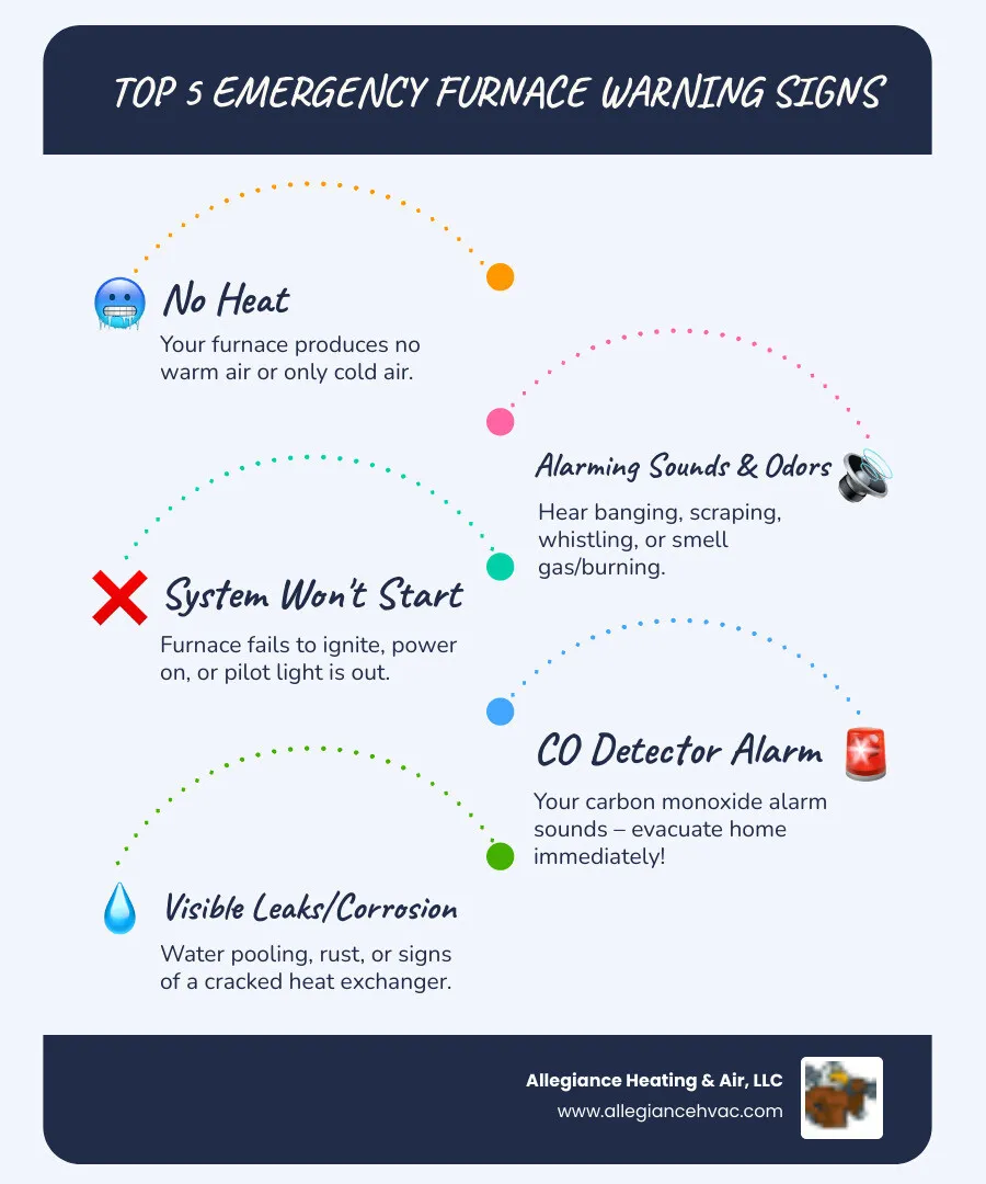 Infographic showing the 7 critical warning signs requiring emergency furnace repair: no heat from vents, strange noises or gas smells, furnace won't start, constant cycling on and off, visible water leaks or rust, sudden drop in air quality, and carbon monoxide detector alarm - emergency furnace repair in greenville, in infographic infographic-line-5-steps-blues-accent_colors