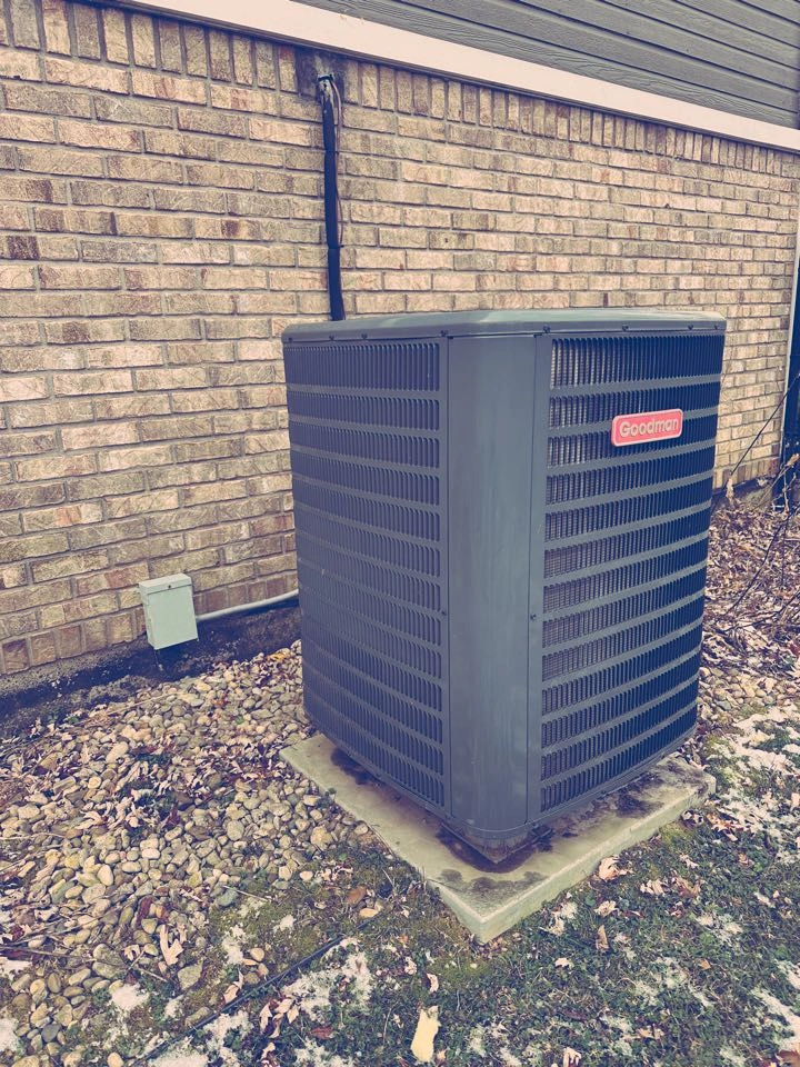 Outdoor air conditioning unit next to a brick wall on a bed of rocks and grass. 