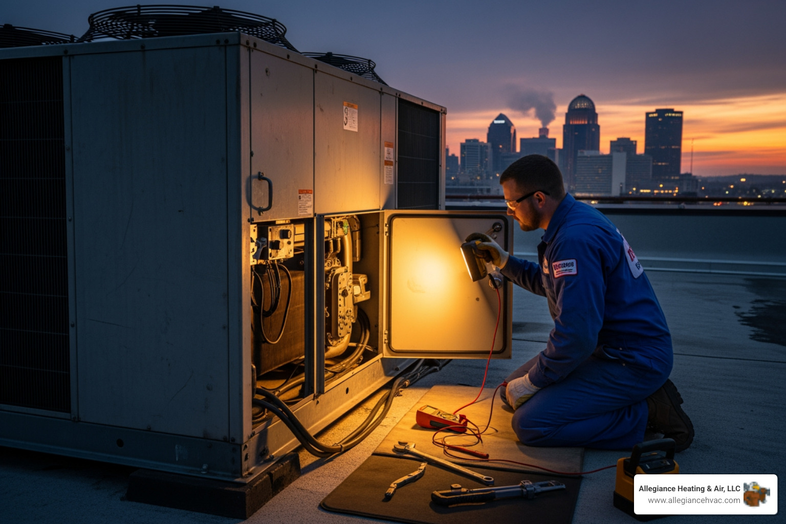 infographic showing how a commercial heat pump transfers heat between indoor and outdoor units for both heating and cooling, with labeled components including compressor, reversing valve, air handler, and refrigerant lines - commercial heat pump repair in louisville, ky