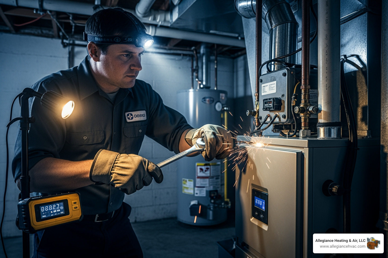 infographic showing the difference between minor furnace issues that can wait until morning versus true emergencies requiring immediate attention, including categories like no heat with freezing temperatures, gas smells, carbon monoxide alarms, strange burning odors, and electrical sparking as emergencies, compared to minor issues like slightly higher bills, occasional cycling, or reduced efficiency - "Find 24/7 emergency furnace repair services near me in Louisville."