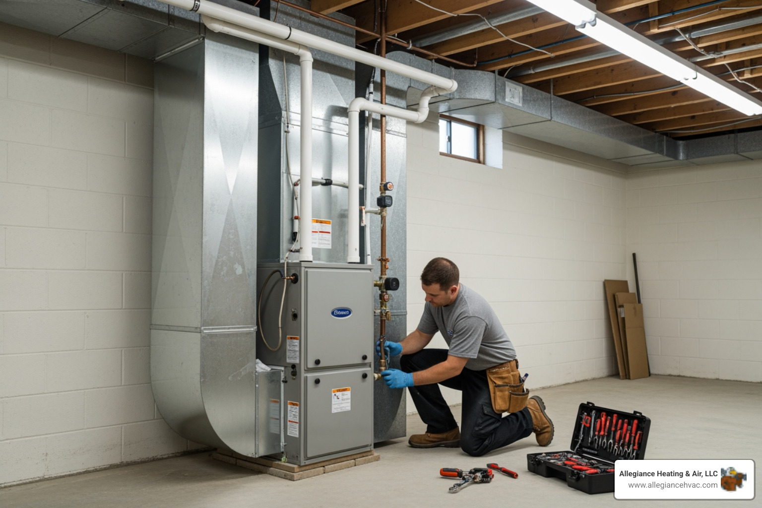 infographic showing top 5 warning signs your furnace needs replacement including age over 15 years, rising energy costs, frequent repairs, strange noises, and uneven heating throughout the home - best furnace installation in greenville, in