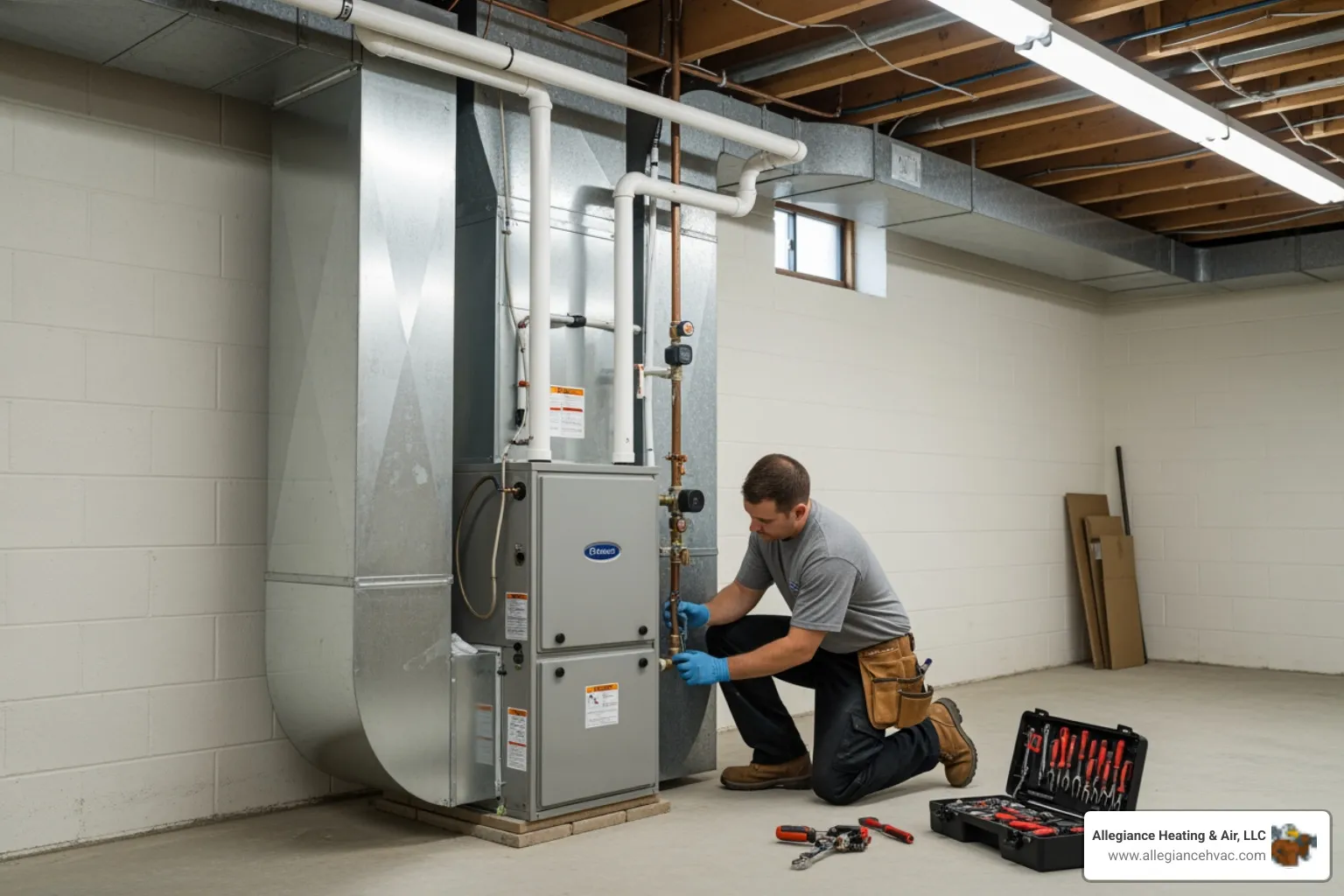 infographic showing top 5 warning signs your furnace needs replacement including age over 15 years, rising energy costs, frequent repairs, strange noises, and uneven heating throughout the home - best furnace installation in greenville, in