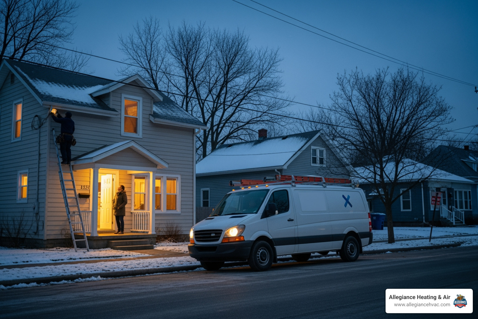 Infographic showing the top 5 signs of a furnace emergency: 1. Gas smell or odor near furnace, 2. Yellow pilot light instead of blue flame, 3. Complete loss of heat during cold weather, 4. Loud banging or screeching noises, 5. Carbon monoxide detector alarm - "Who provides emergency furnace repair in the Borden, IN area?"