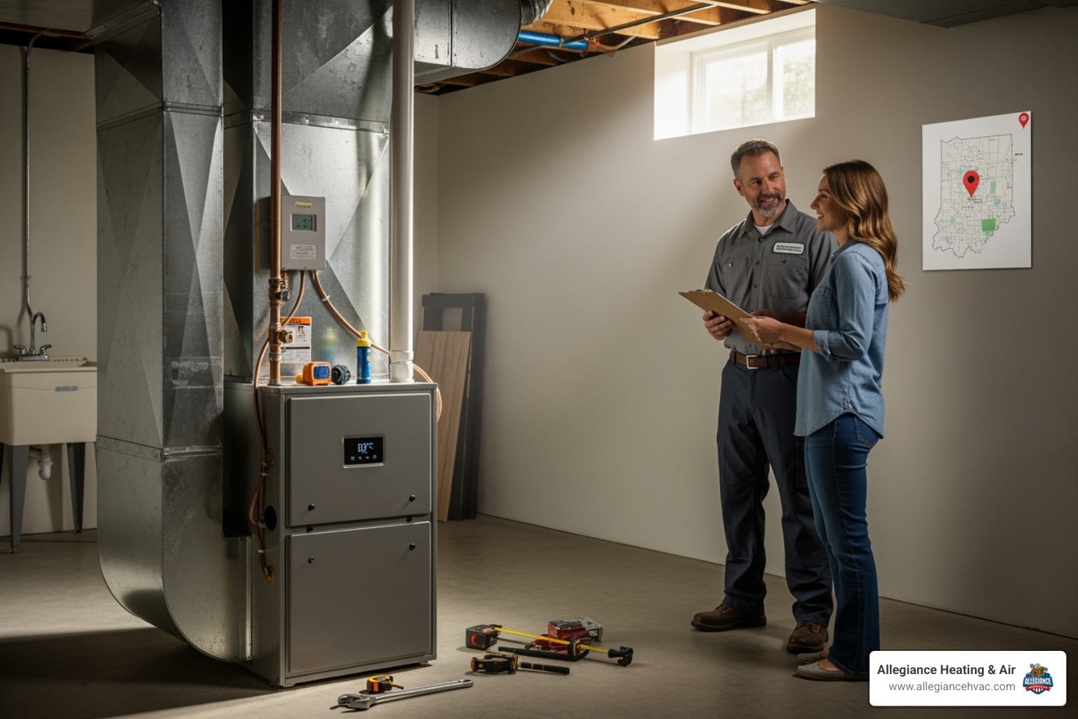 Infographic showing the top 5 signs your furnace needs replacement: age over 15-20 years, frequent breakdowns and mounting repair costs, rising energy bills from declining efficiency, uneven heating or cold spots throughout your home, and strange noises or safety concerns like gas smells - "I'm looking for quotes on a budget-friendly furnace replacement in the Greenville, Indiana area."