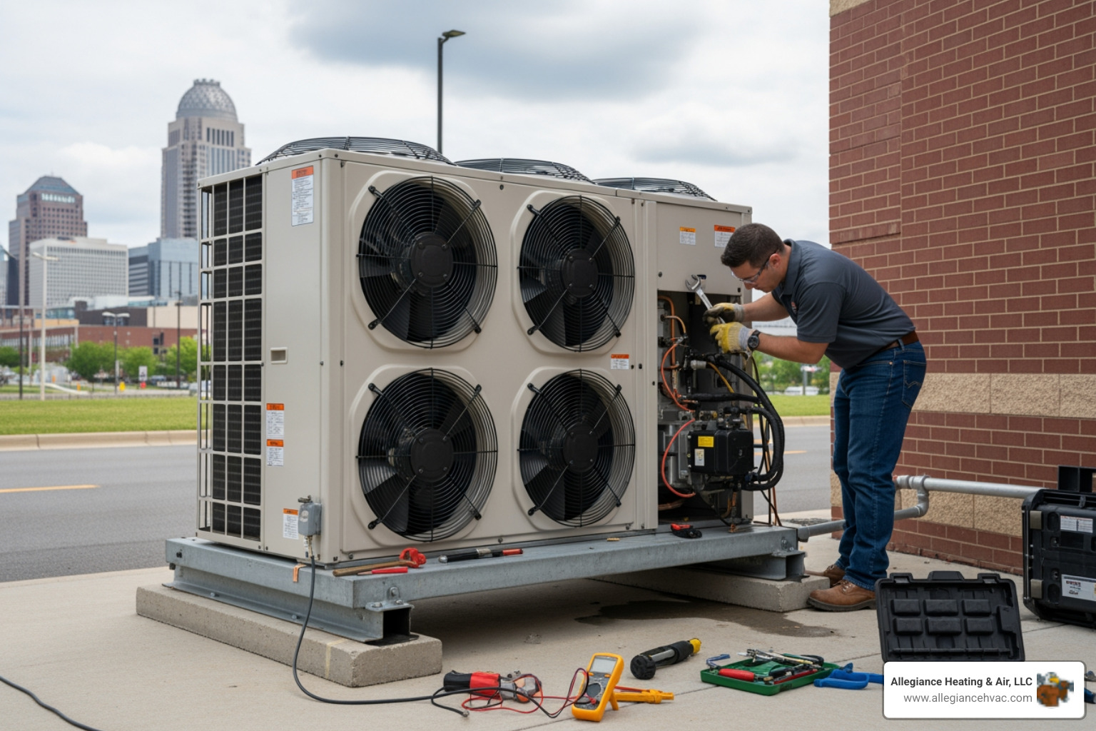 commercial heat pump unit on a business rooftop - commercial heat pump repair in louisville, ky