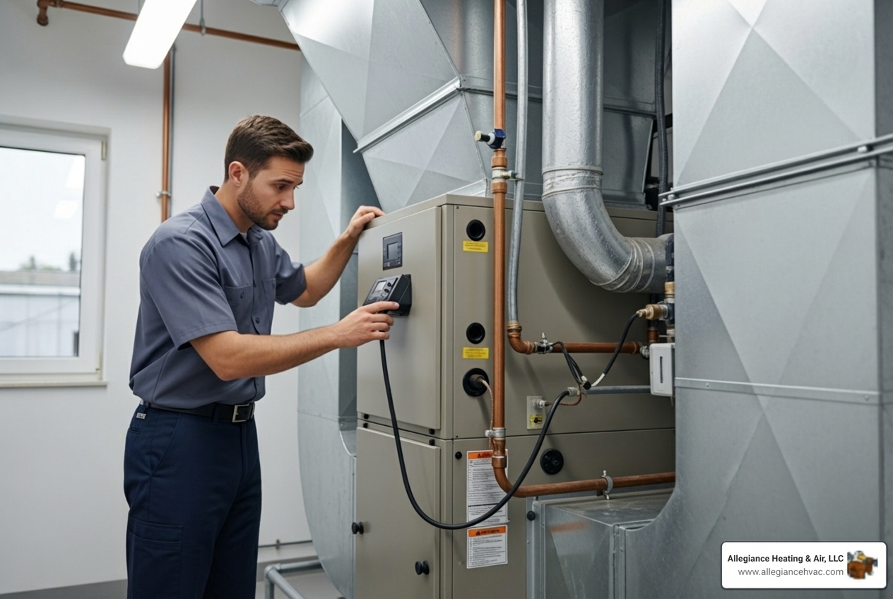 infographic showing five key warning signs of commercial furnace failure including unusual noises, erratic heating patterns, sudden energy bill spikes, frequent cycling, and aging equipment over ten years old - commercial furnace repair in greenville, in