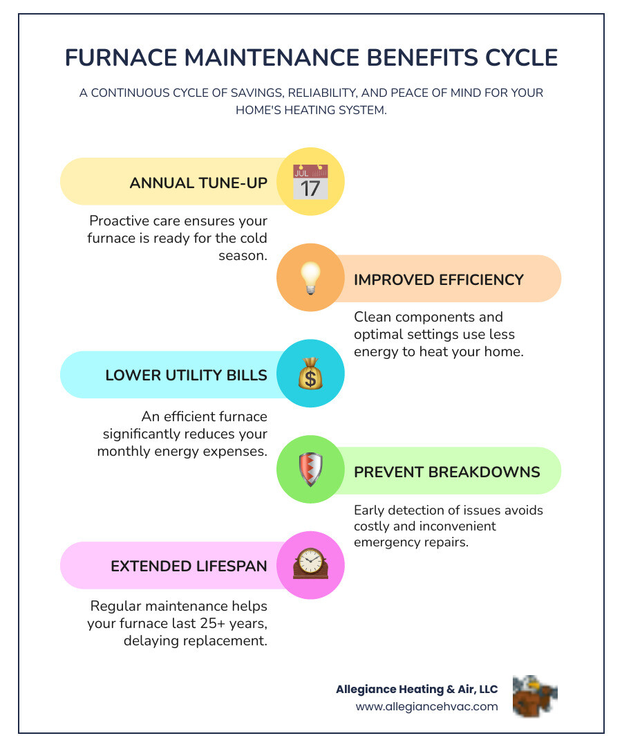 Infographic showing the cycle of furnace maintenance benefits: Annual tune-up leads to improved efficiency, which reduces monthly utility bills, which prevents costly emergency repairs, which extends furnace lifespan to 25+ years, creating a continuous cycle of savings and reliability - affordable furnace maintenance in new albany, in infographic infographic-line-5-steps-colors