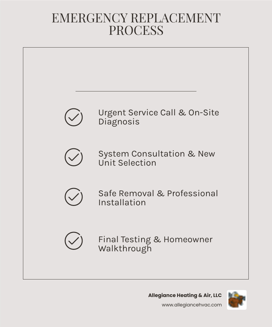 Emergency heat pump replacement process infographic showing timeline from initial call to completed installation, including diagnosis, system selection, removal, installation, and testing phases - emergency heat pump replacement in greenville, in infographic checklist-light-beige
