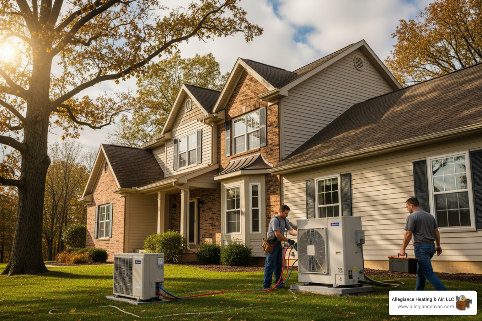 Infographic showing how a heat pump works in both winter heating mode and summer cooling mode, with refrigerant cycle, indoor and outdoor units, and directional arrows indicating heat transfer - home heat pump replacement in greenville, in