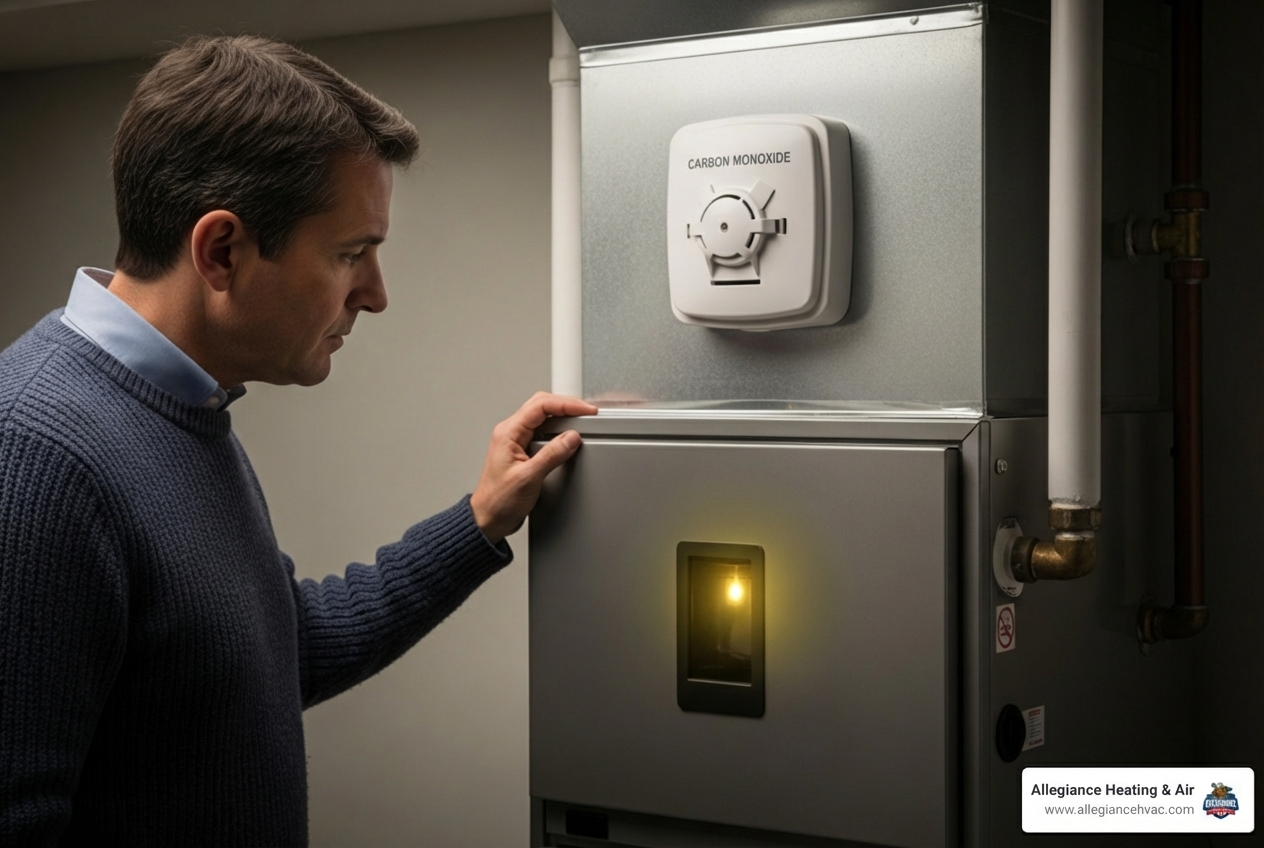 Infographic showing the top 5 signs of a furnace emergency including no heat production, strange burning or gas smells, loud banging or grinding noises, yellow pilot light flame, and carbon monoxide detector alarm - emergency furnace repair in clarksville, in