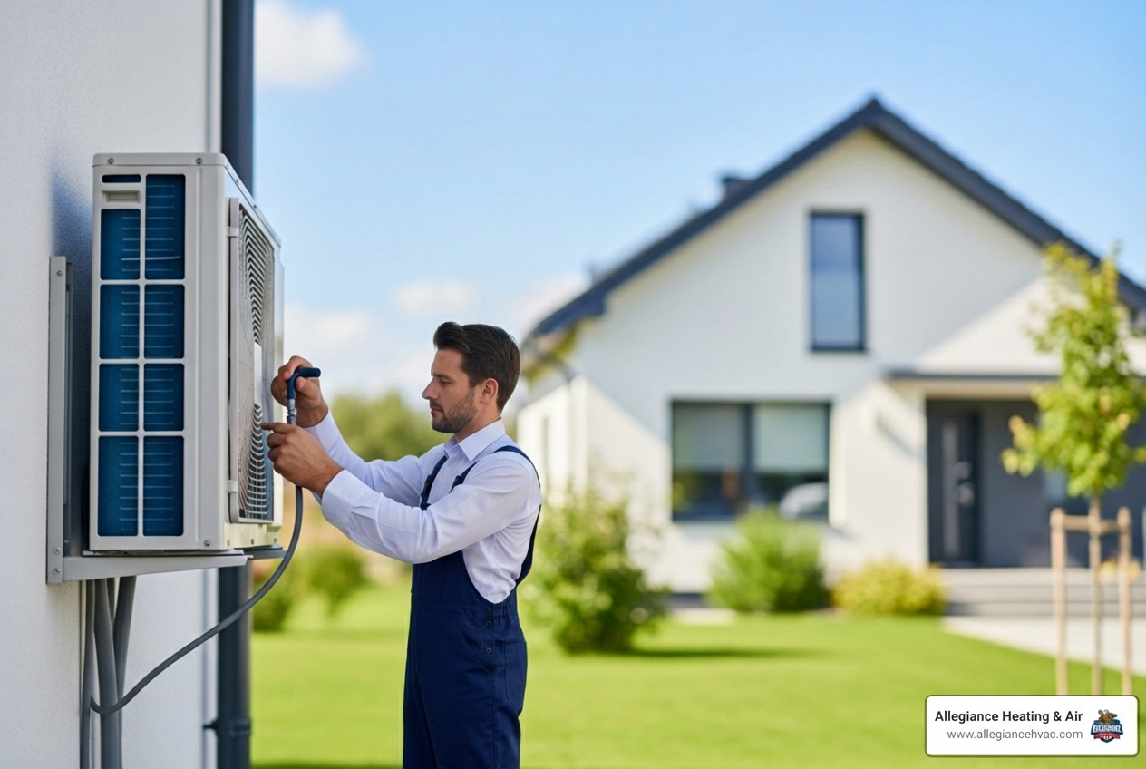 Infographic showing the heat pump installation process: Step 1 - Home assessment and system sizing; Step 2 - Outdoor unit placement and indoor air handler installation; Step 3 - Refrigerant line and electrical connections; Step 4 - System testing and calibration; Step 5 - Homeowner walkthrough and maintenance guidance - heat pump installation in new albany, in