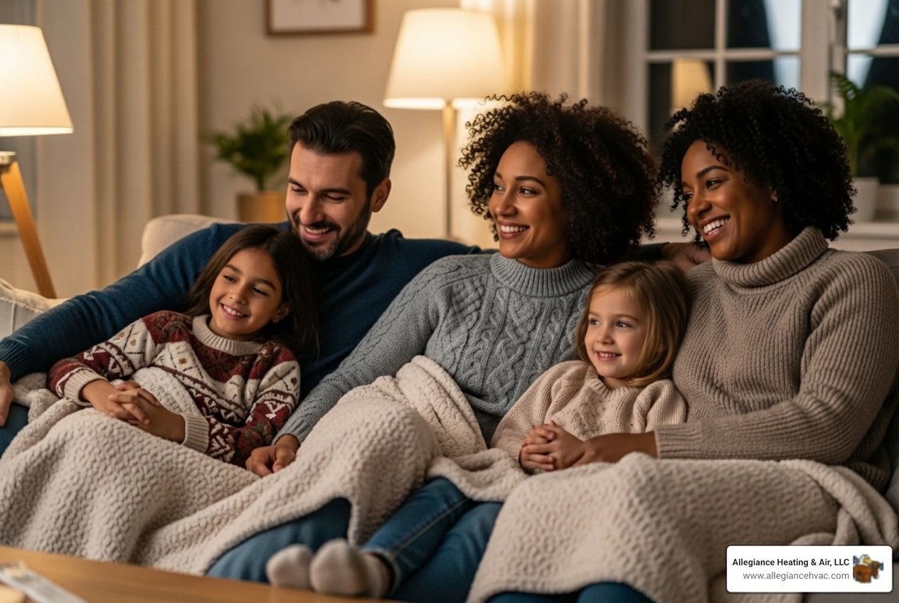 cozy family in warm living room during winter - best furnace maintenance in new albany, in