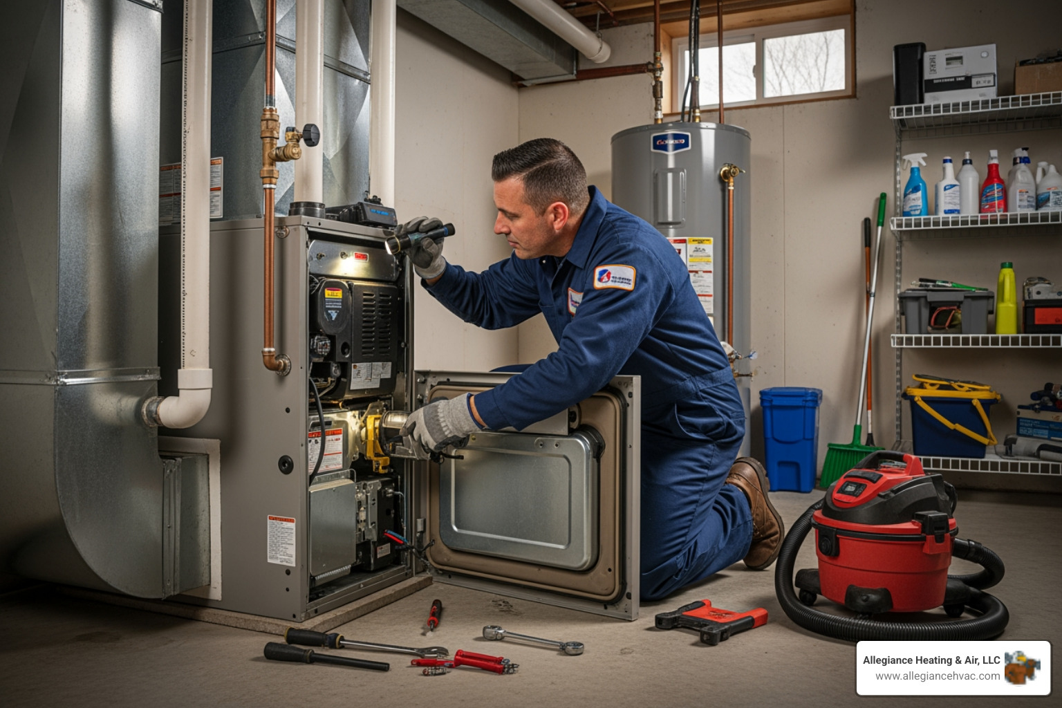 infographic showing key benefits of regular furnace maintenance including improved energy efficiency, lower utility bills, extended equipment life, enhanced safety through carbon monoxide checks, and prevention of unexpected winter breakdowns with statistics - best furnace maintenance in new albany, in