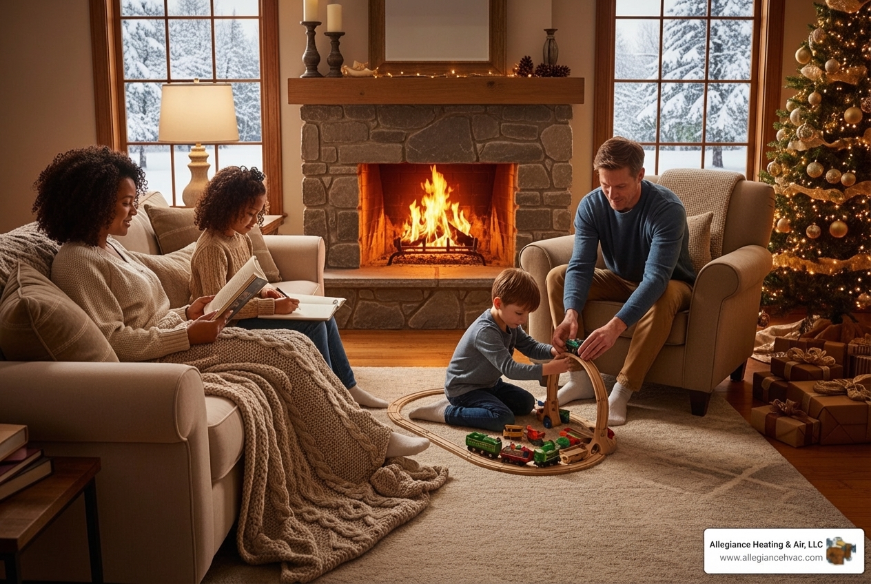cozy living room with family in winter - furnace maintenance company in new albany, in