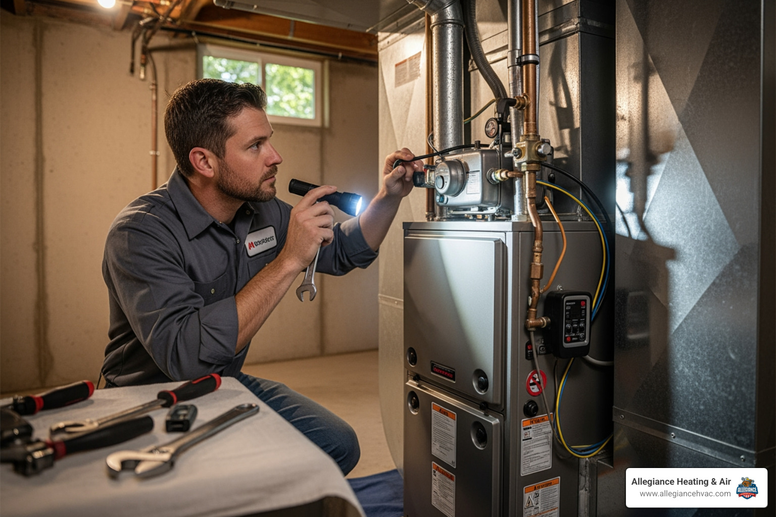 infographic showing 5 common furnace warning signs including strange noises, inconsistent heating, yellow pilot light, rising energy bills, and frequent cycling - furnace repair company in clarksville, in