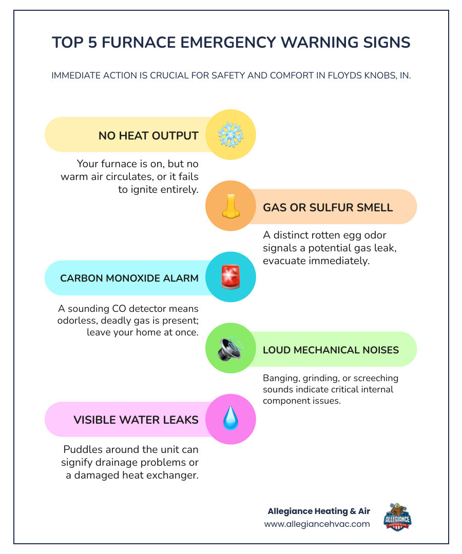 Infographic showing the top 5 furnace emergency warning signs: no heat output, gas or sulfur smell, carbon monoxide alarm activation, loud mechanical noises like banging or grinding, and visible water leaks around the furnace unit - emergency furnace maintenance in floyds knobs, in infographic infographic-line-5-steps-colors